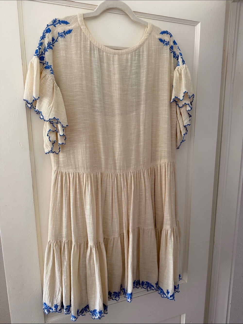 Free People Cream Boho Tiered Dress with Blue Embroidery - Picture 3 of 3